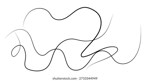 Uma única linha preta contínua se curva e se enrola em um movimento fluido e abstrato através de um fundo branco limpo, criando um design minimalista.
