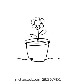 A single continuous black line forming the shape of a simple flower growing inside a plant pot against a plain white background