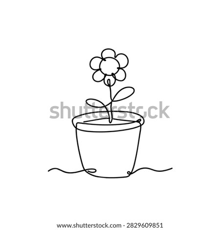 A single continuous black line forming the shape of a simple flower growing inside a plant pot against a plain white background