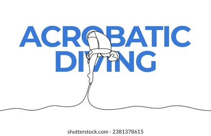 Single continuous drawing. Acrobatic diving. Water sports competition. Colored elements and title. One line vector illustration