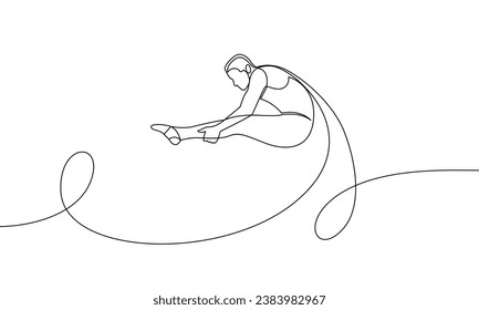 Single continuous drawing of an athlete performing complex twists and somersaults. Trampoline. One line vector illustration