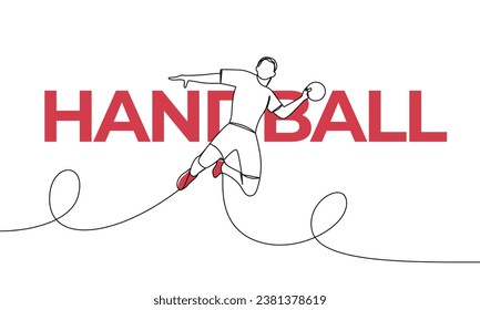 Single continuous drawing of a handball player jumping with the ball. Type of sport, handball. Colored elements and title. One line vector