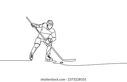 A single continuous drawing of a hockey player on the ice. Hockey. One line drawing vector illustration