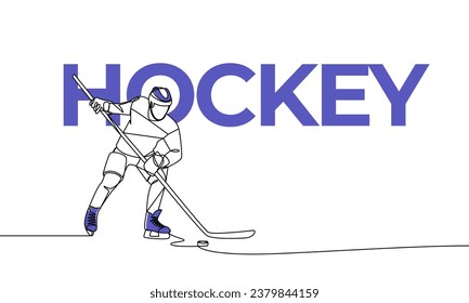 Single continuous drawing of a hockey player on the ice. Hockey. Colored elements and name. One line vector illustration