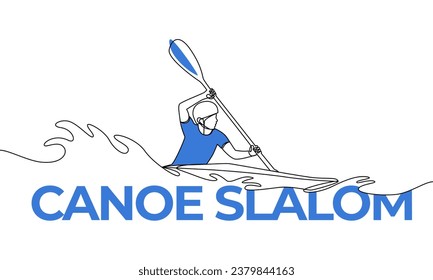 Single continuous drawing of a man covering a distance in a canoe. Canoe Slalom. Colored elements and title. One line vector illustration