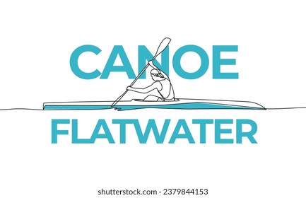 Single continuous drawing of a  man overcoming the distance on a canoe. Canoe flatwater, canoe spring. Colored elements and title. One line vector illustration