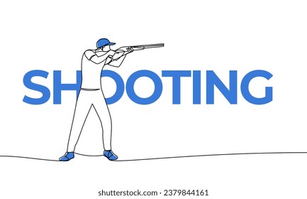 Single continuous drawing of a man shooting. Shooting, sports. Colored elements and name. One line vector illustration