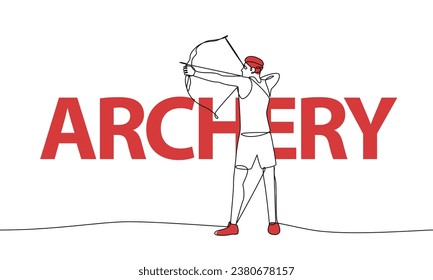 Single continuous drawing of a man shooting an arrow. Archery. Colored elements and title. One line vector illustration