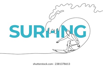 Single continuous drawing of a professional surfer on the ocean wave. Surfing. Colored elements and title. One line vector