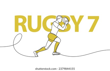 Single continuous drawing of a running athlete with a ball. Rugby Sevens. Colored elements and title. One line vector illustration