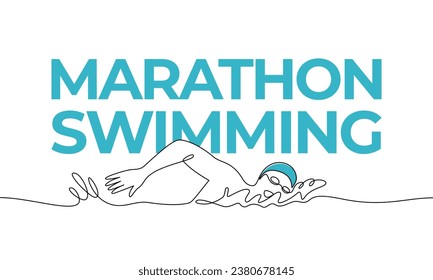 Single continuous drawing. Sports, triathlon, marathon swimming. Colored elements and title. One line vector illustration