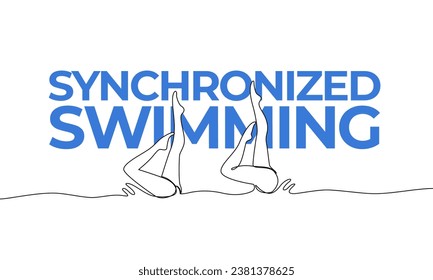 Single continuous drawing. Synchronized swimming, artistic swimming. Colored elements and title. One line vector illustration