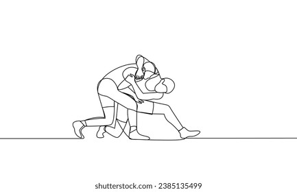 Single continuous drawing of two men fighting. Wrestling. One line drawing vector illustration