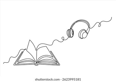 Single continuous editable line of audiobook and headphones. Concept of online service for audio reading, learning in minimal linear style. Vector illustration.  Editable stroke.