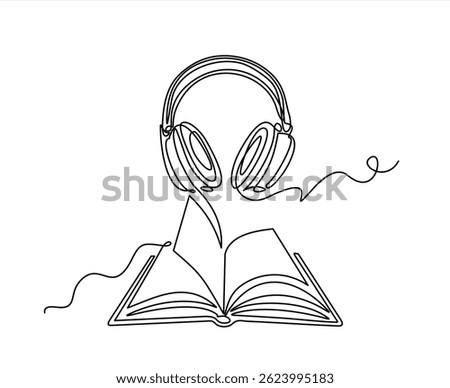 Single continuous editable line of audiobook and headphones. Concept of online service for audio reading, learning in minimal linear style. Vector illustration.  Editable stroke.