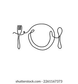 Single continuous hand drawn of plate, spoon and fork. Object design vector illustration