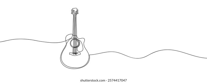 single continuous line acoustic guitar, music line art vector illustration with transparent background.