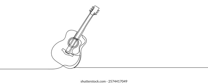 single continuous line acoustic guitar, music line art vector illustration with transparent background.