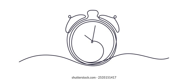 Single continuous line of alarm clock. Time keeper concept. Creating a reminder. Chronometer outline sketch. Time to work isolated on white background. Save your time concept. Editable stroke