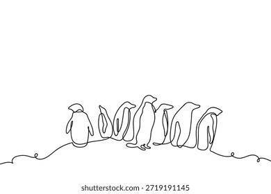 Una sola línea continua entre un grupo de pingüinos. Dibujo de una sola línea