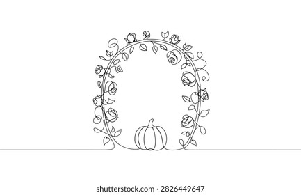 A single continuous line of an arched frame decorated with blooming roses and vines, with a single pumpkin resting at the base. The black ink is isolated on a white background.