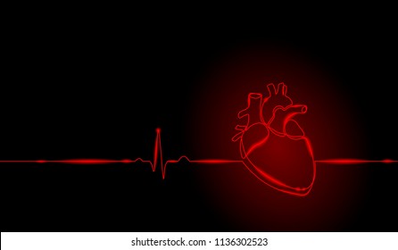 Single continuous line art anatomical human heart silhouette. Healthy medicine concept design neon glow red one sketch outline drawing vector illustration