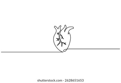 Silueta anatómica del corazón humano del arte de la línea continua sola. Diseño de concepto de medicina saludable, un boceto de dibujo de esquema de Ilustración vectorial, corazón humano una línea de dibujo continuo de color