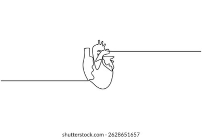 Silhueta de coração humano anatômica de uma única linha contínua de arte. Projeto conceito de medicina saudável, um esboço desenho desenho vetor ilustração, coração humano uma linha colorida desenho contínuo