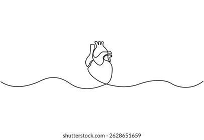 Silueta anatómica del corazón humano del arte de la línea continua sola. Diseño de concepto de medicina saludable, un boceto de dibujo de esquema de Ilustración vectorial, corazón humano una línea de dibujo continuo de color