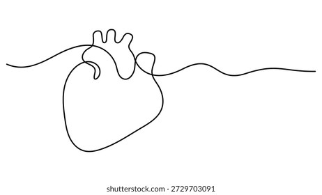 Silueta de corazón humano anatómico de arte de línea continua única. Un dibujo de una sola línea de un corazón humano realista. Concepto de medicina saludable diseño de un esbozo Ilustración vectorial de dibujo