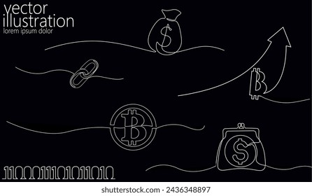  Single continuous line art bitcoin cryptocurrency set. Blockchain modern finance international banking technology concept design one sketch outline drawing vector illustration