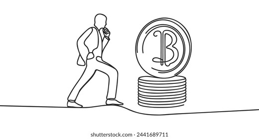Single continuous line art bitcoin cryptocurrency silhouette. Continuous one line drawing