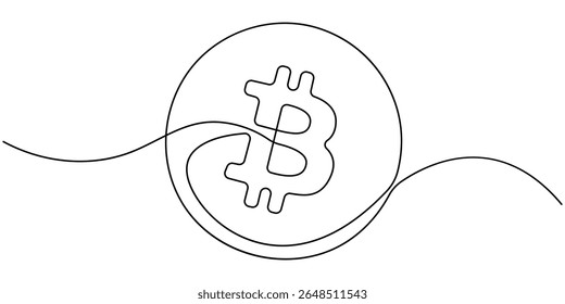Single continuous line art bitcoin cryptocurrency, Continuous line drawing of bitcoin cryptocurrency silhouette. Blockchain, finance and banking technology concept drawn by one line, Bitcoin coin