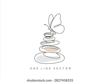 Single continuous line art of a butterfly sitting on stones, spa and nature relaxation concept, hand drawn vector, editable 