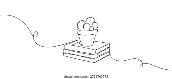 A single, continuous line of art: a cactus pot placed on a stack of books. line art Vector drawing style on a transparent background