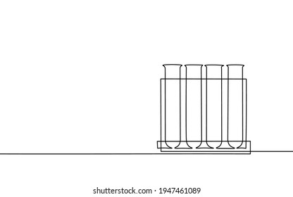 Single continuous line art chemical flasks. Science laboratory analysis student work concept design. School chemistry education sketch outline drawing vector illustration