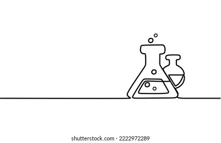 Single continuous line art chemical science flask. Scientific technology research medicine glass equipment design one sketch outline drawing vector illustration
