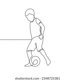 Single continuous line art of a child playing football
