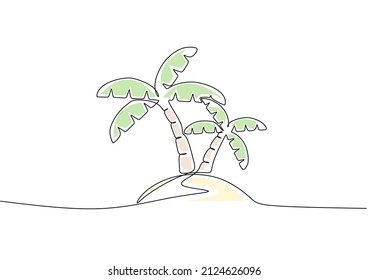 Single continuous line art coconut tree palm. Tropic island landscape design one sketch outline drawing vector illustration. Simple line with light green, yellow colors. 
