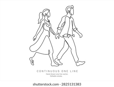 Single continuous line art of a couple walking hand in hand, loving partners in life, minimalist