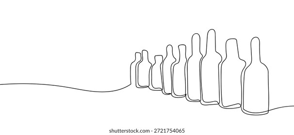 Una única línea de arte que representa botellas de licor alineadas en los estantes de un bar. estilo de dibujo de Vector de arte lineal sobre un fondo transparente