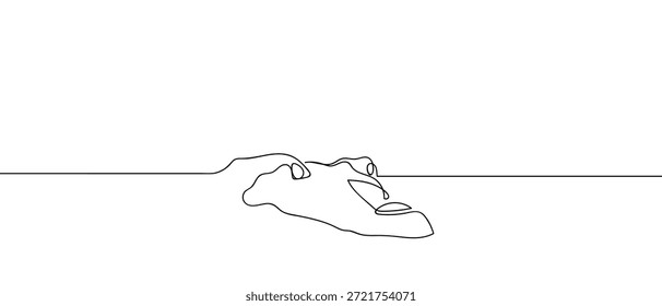 A single, continuous line of art depicting a crocodile floating on the water's surface. line art Vector drawing style on a transparent background