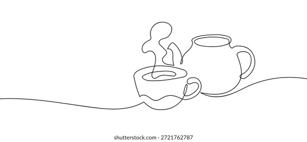 Uma única e contínua linha de arte que representa uma xícara de chá e bule de chá.