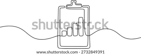 Single continuous line art depicting a clipboard with a bar chart, representing data analysis, financial trends, and business progress.