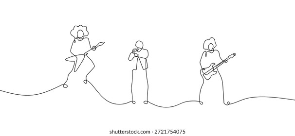 A single, continuous line of art depicts a rock band performing. line art Vector drawing style on a transparent background