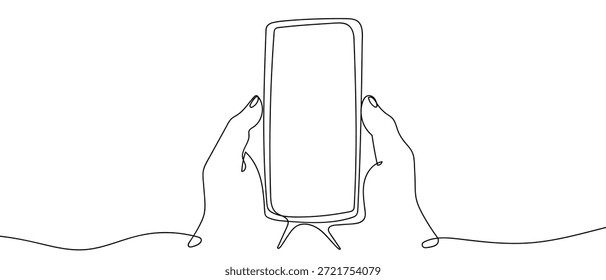 Una sola línea de arte continua representa dos manos sosteniendo un teléfono inteligente. estilo de dibujo de Vector de arte lineal sobre un fondo transparente