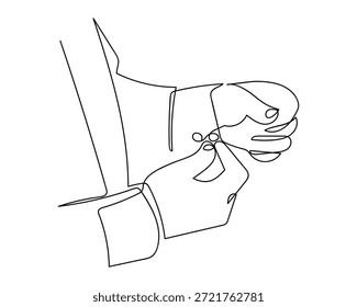 Eine einzige, durchgehende Linie zeigt eine Hand, die einen Hemdsärmel knöpft. Linienkunst Vektorgrafik-Stil auf transparentem Hintergrund
