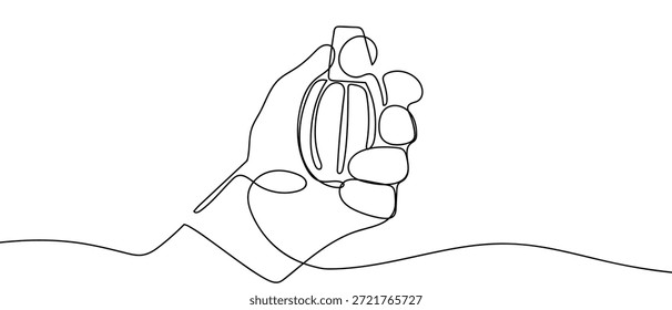 A single, continuous line of art depicts a hand holding a bomb. line art Vector drawing style on a transparent background