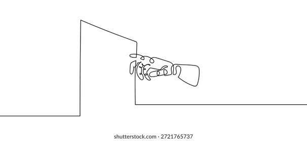 A single, continuous line of art depicts a robot's hand pointing towards the screen. line art Vector drawing style on a transparent background