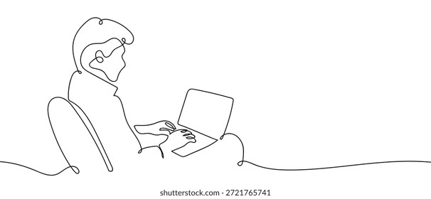 A single, continuous line of art depicts a man working on a laptop. line art Vector drawing style on a transparent background